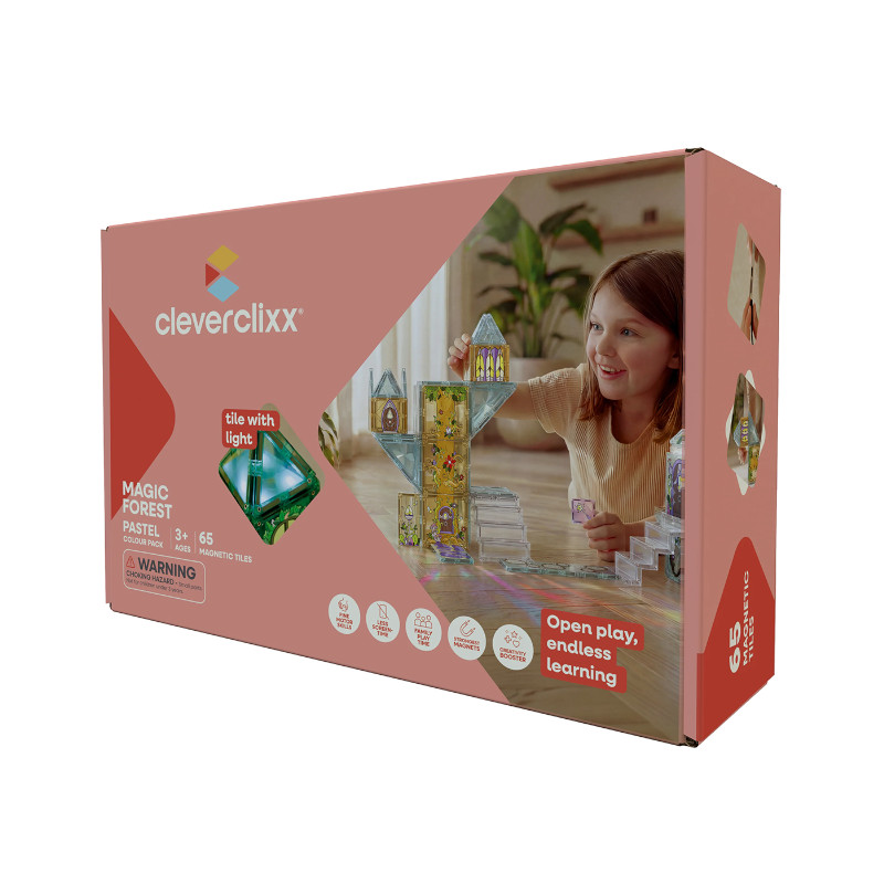 CLEVERCLIXX CC-1034 MAGIC FOREST PASTEL Cleverclixx Μαγνητικά Πλακίδια - Magic Forest Pack Pastel with Light Tile (65 τμχ) - Image 1